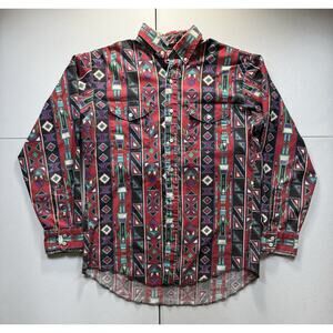 Vintage WRANGLER Aztec Work‎ Shirt Mens M Cowboy Western Button Shirt Retro USA